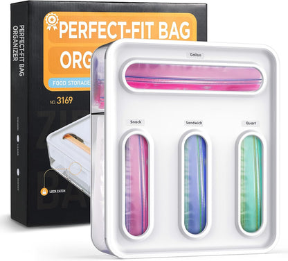 Bag Organizer for Drawer + Fridge, Magnetic Kitchen Baggie Storage | Pantry Organization for Ziplock Plastic Food Bags | Compatible with Snack Sandwich Quart Gallon (White)