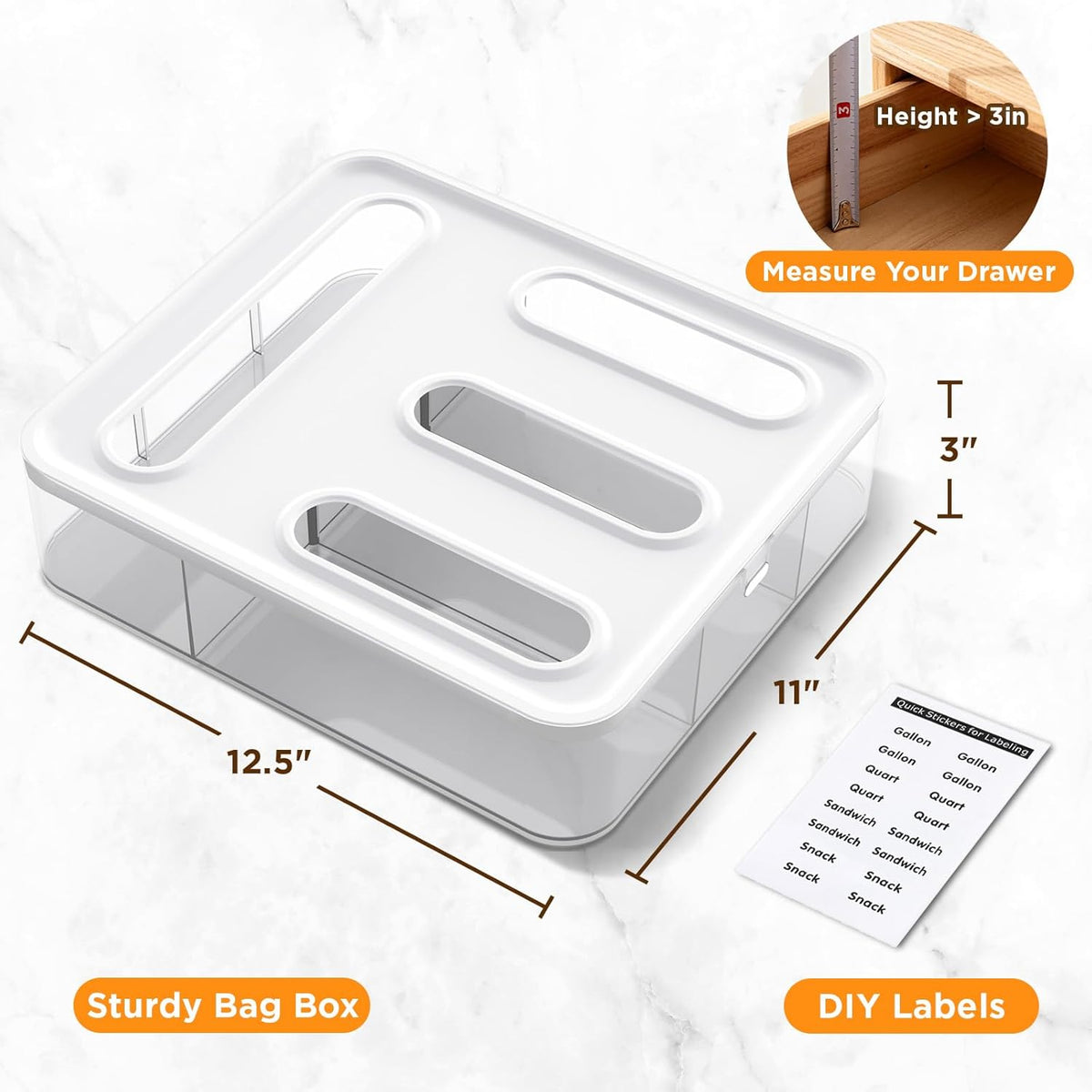 Bag Organizer for Drawer + Fridge, Magnetic Kitchen Baggie Storage | Pantry Organization for Ziplock Plastic Food Bags | Compatible with Snack Sandwich Quart Gallon (White)