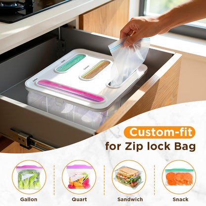 Bag Organizer for Drawer + Fridge, Magnetic Kitchen Baggie Storage | Pantry Organization for Ziplock Plastic Food Bags | Compatible with Snack Sandwich Quart Gallon (White)