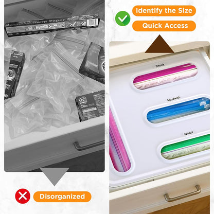 Bag Organizer for Drawer + Fridge, Magnetic Kitchen Baggie Storage | Pantry Organization for Ziplock Plastic Food Bags | Compatible with Snack Sandwich Quart Gallon (White)