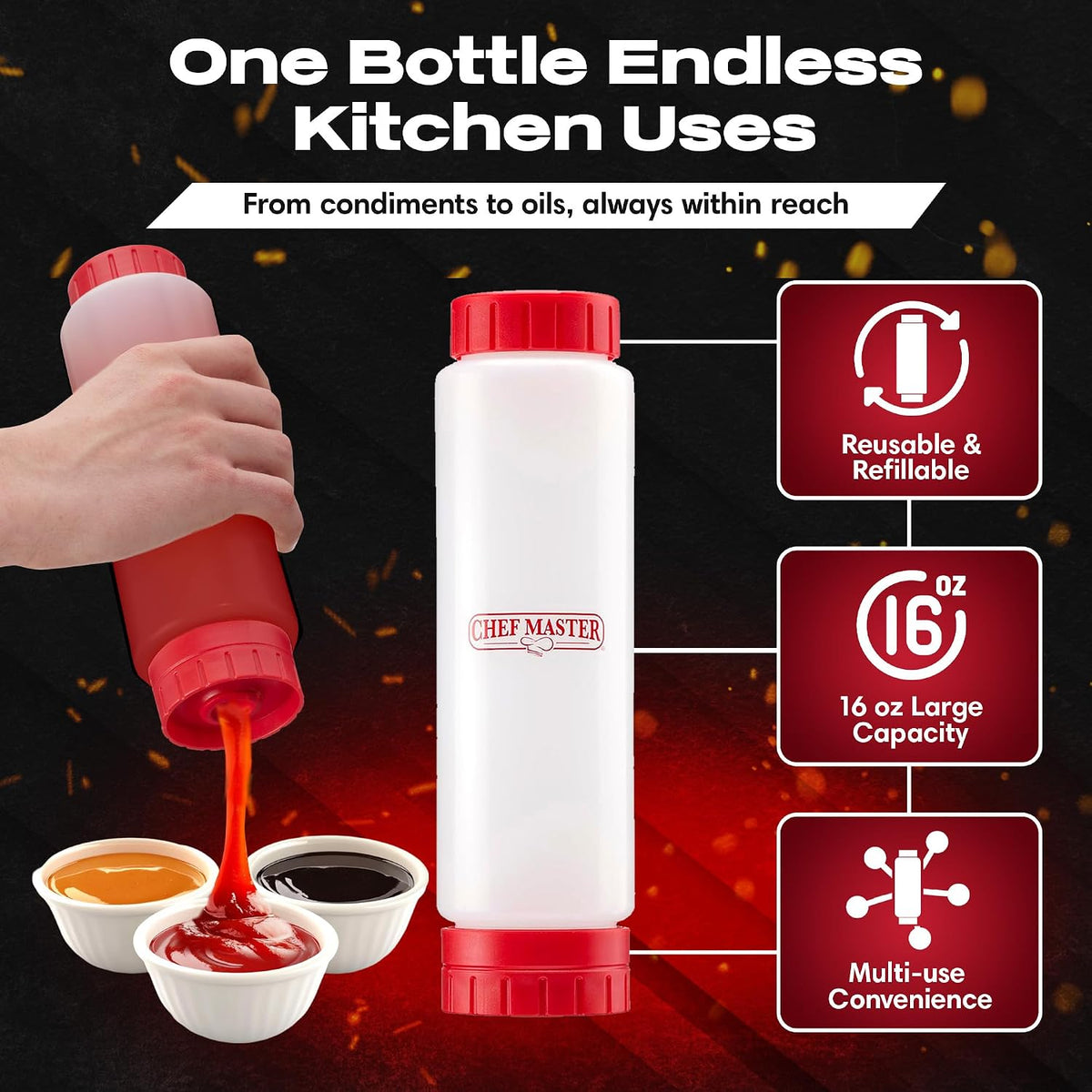 Chef Master Squeeze Bottle for Sauces (20oz) - Inverted, FIFO Refillable Bottle - Condiment Squeeze Container for Liquids, Sauce, Batter & Dressing - Made for Restaurants, Diners & Food Trucks - 90291