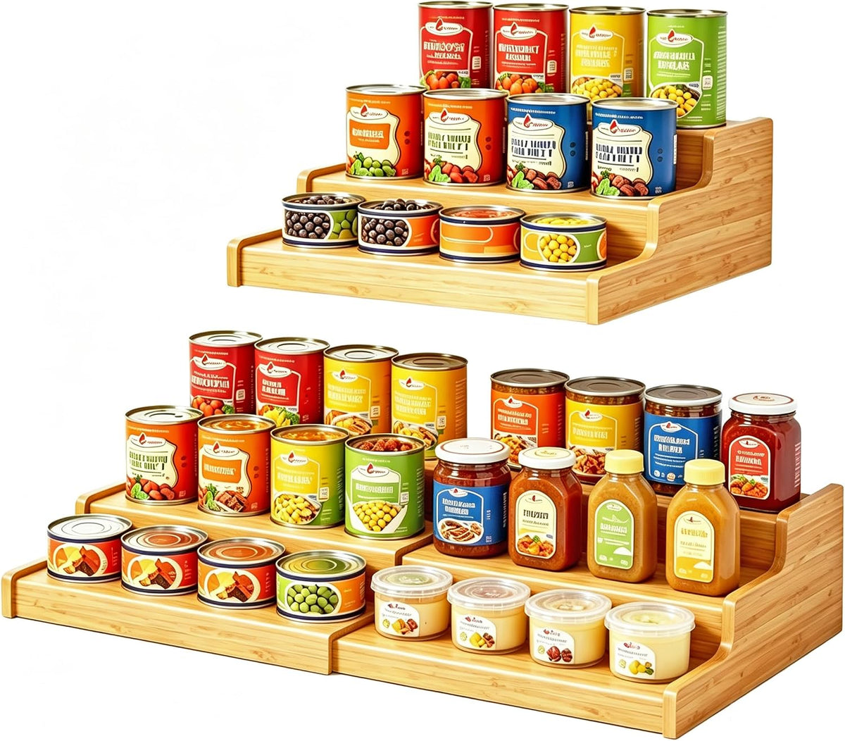 Expandable Bamboo Can Storage Display for Pantry, Easy-Access 3-Tier Adjustable Can Organizer Shelf for Cabinets, Canned Goods & Food Storage, Soda Can Organizer Holds Up to 24 Cans (Patent Pending)