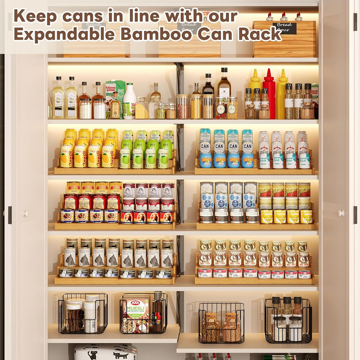 Expandable Bamboo Can Storage Display for Pantry, Easy-Access 3-Tier Adjustable Can Organizer Shelf for Cabinets, Canned Goods & Food Storage, Soda Can Organizer Holds Up to 24 Cans (Patent Pending)