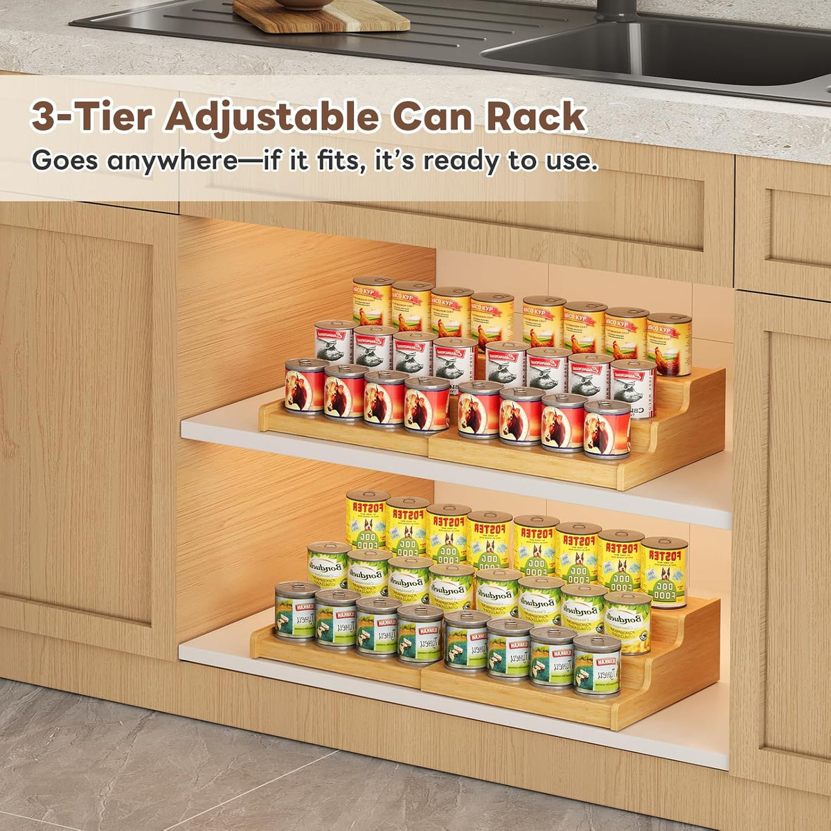 Expandable Bamboo Can Storage Display for Pantry, Easy-Access 3-Tier Adjustable Can Organizer Shelf for Cabinets, Canned Goods & Food Storage, Soda Can Organizer Holds Up to 24 Cans (Patent Pending)