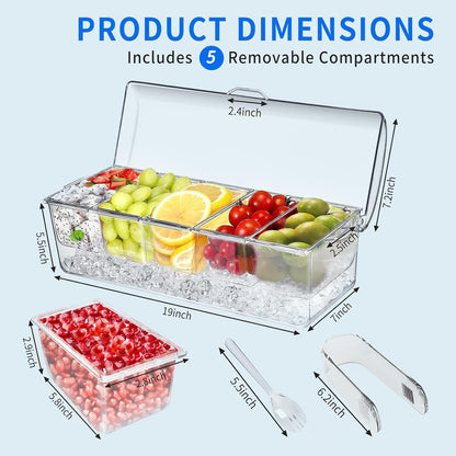 Large Ice Chilled Condiment Caddy，Chilled Condiment Containers Server with Lids for 5 Removable Compartments (2.5 cup)，Serving Platters , Fruit & Garnish Tray for Party Supplies & Bar Accessories