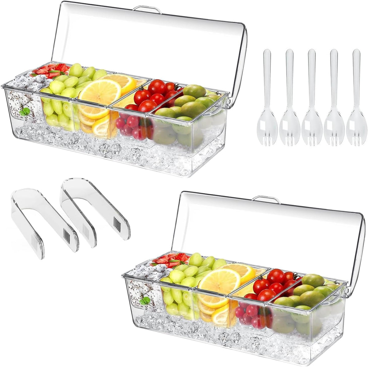 Large Ice Chilled Condiment Caddy，Chilled Condiment Containers Server with Lids for 5 Removable Compartments (2.5 cup)，Serving Platters , Fruit & Garnish Tray for Party Supplies & Bar Accessories
