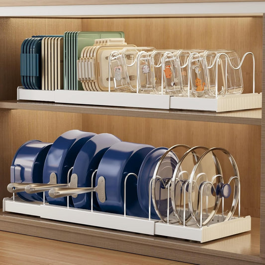 Expandable Food Storage Container Lid Organizers, 22" Pots and Pans Organizer Under Cabinet with 9 Adjustable Dividers Pot and Pan Lid Holders Rack Inside Cabinet(White)