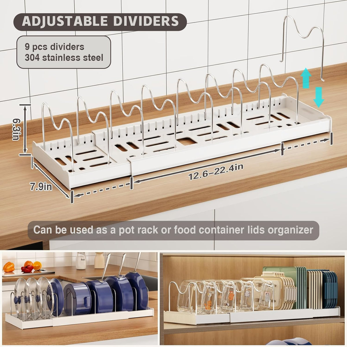 Expandable Food Storage Container Lid Organizers, 22" Pots and Pans Organizer Under Cabinet with 9 Adjustable Dividers Pot and Pan Lid Holders Rack Inside Cabinet(White)