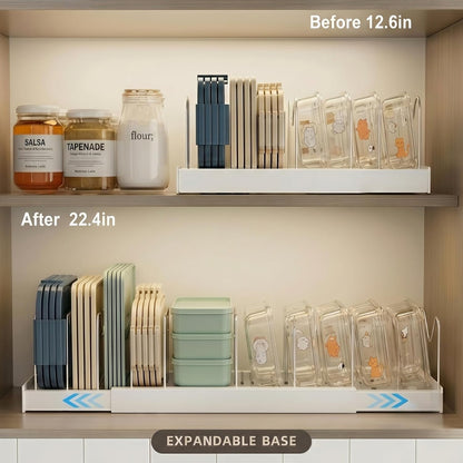 Expandable Food Storage Container Lid Organizers, 22" Pots and Pans Organizer Under Cabinet with 9 Adjustable Dividers Pot and Pan Lid Holders Rack Inside Cabinet(White)