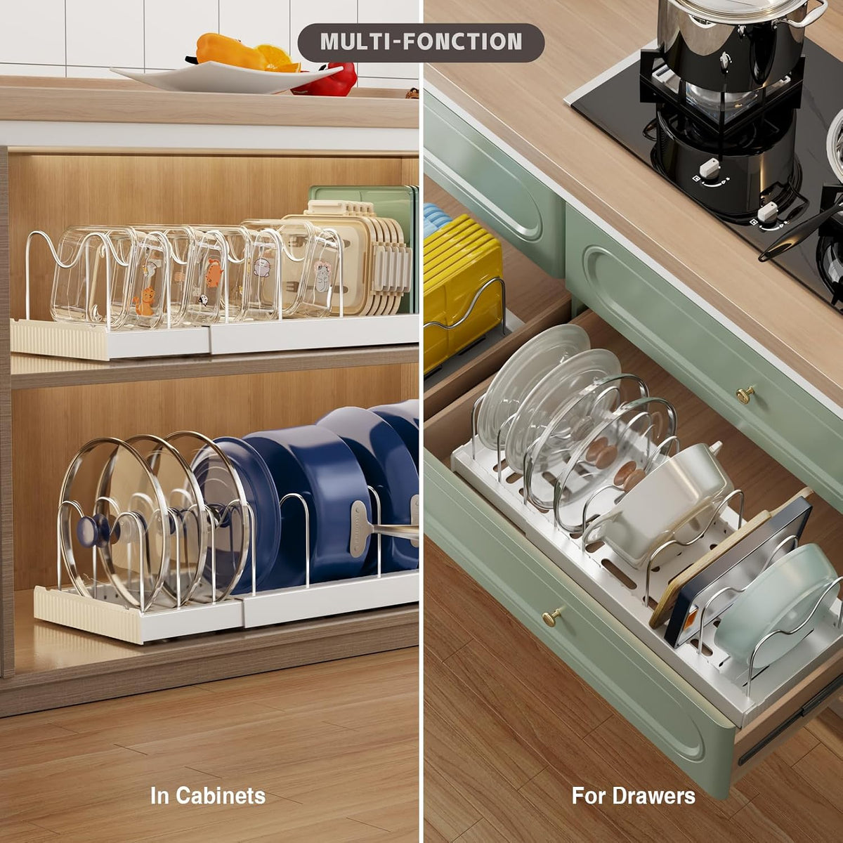 Expandable Food Storage Container Lid Organizers, 22" Pots and Pans Organizer Under Cabinet with 9 Adjustable Dividers Pot and Pan Lid Holders Rack Inside Cabinet(White)