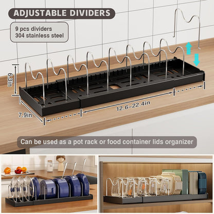 Expandable Food Storage Container Lid Organizers, 22" Pots and Pans Organizer Under Cabinet with 9 Adjustable Dividers Pot and Pan Lid Holders Rack Inside Cabinet(White)