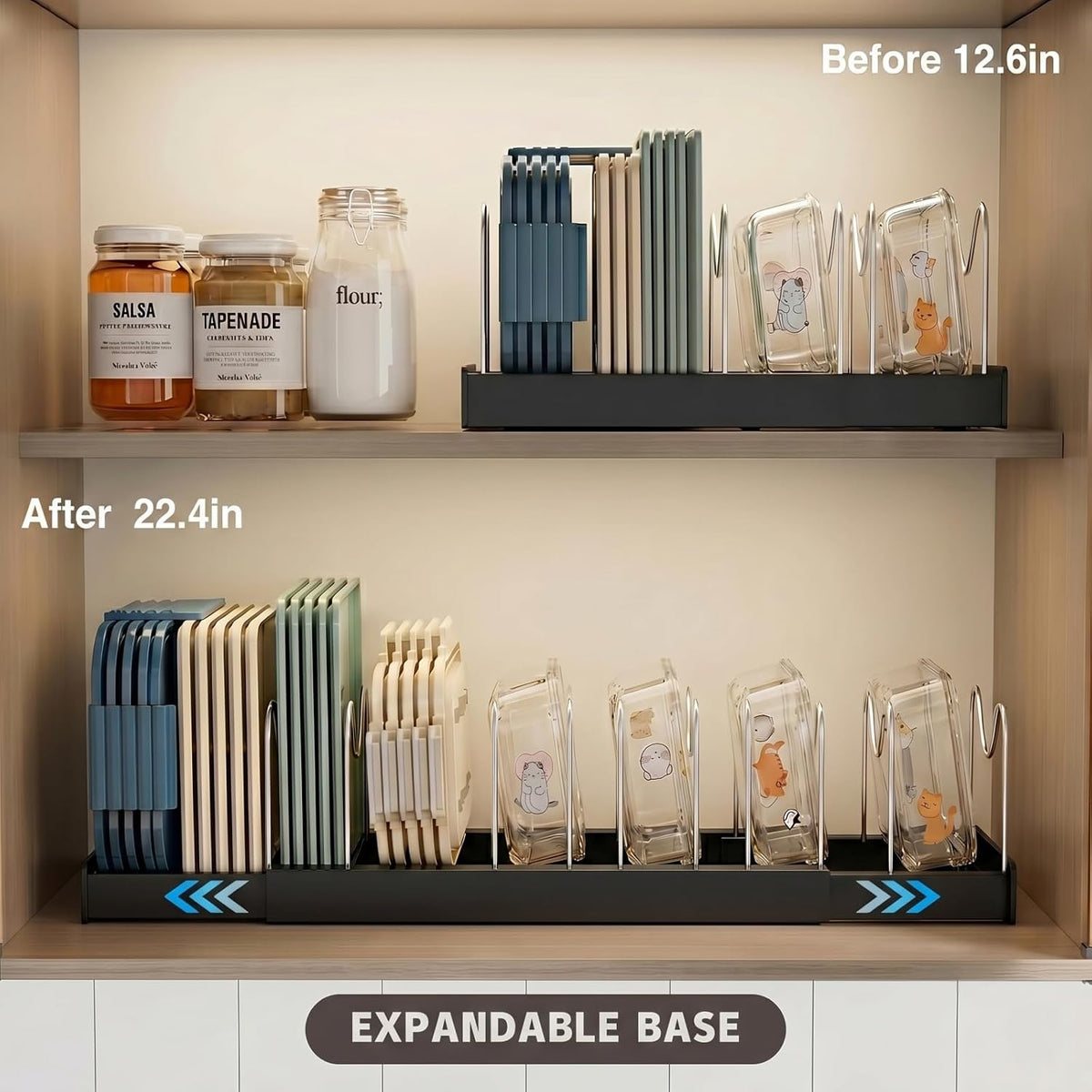 Expandable Food Storage Container Lid Organizers, 22" Pots and Pans Organizer Under Cabinet with 9 Adjustable Dividers Pot and Pan Lid Holders Rack Inside Cabinet(White)
