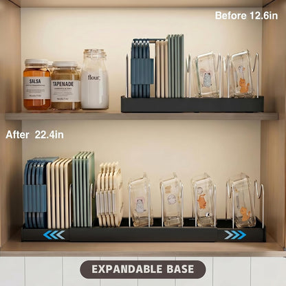 Expandable Food Storage Container Lid Organizers, 22" Pots and Pans Organizer Under Cabinet with 9 Adjustable Dividers Pot and Pan Lid Holders Rack Inside Cabinet(White)