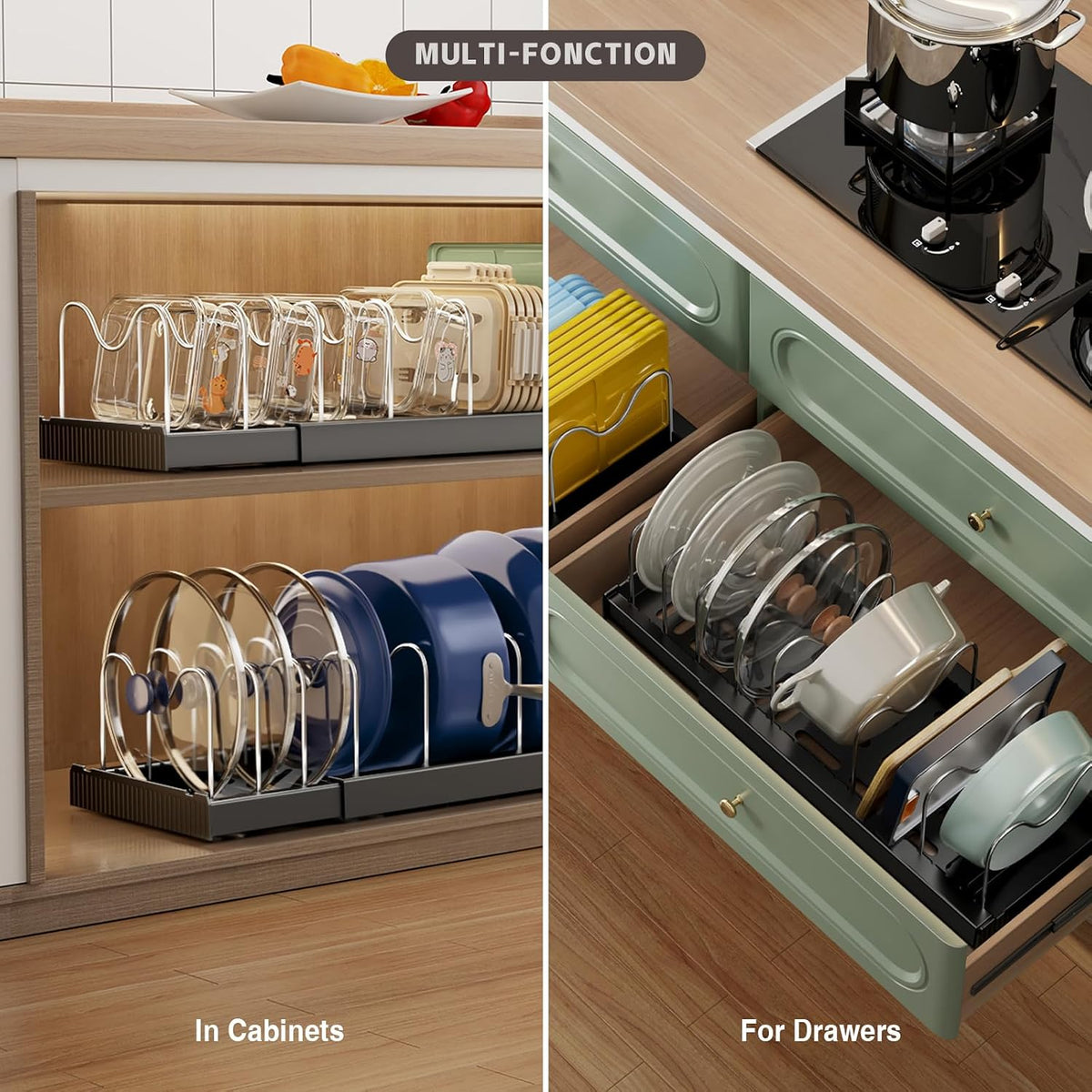 Expandable Food Storage Container Lid Organizers, 22" Pots and Pans Organizer Under Cabinet with 9 Adjustable Dividers Pot and Pan Lid Holders Rack Inside Cabinet(White)