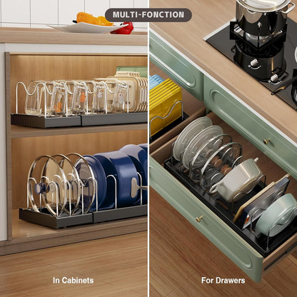 Expandable Food Storage Container Lid Organizers, 22" Pots and Pans Organizer Under Cabinet with 9 Adjustable Dividers Pot and Pan Lid Holders Rack Inside Cabinet(White)