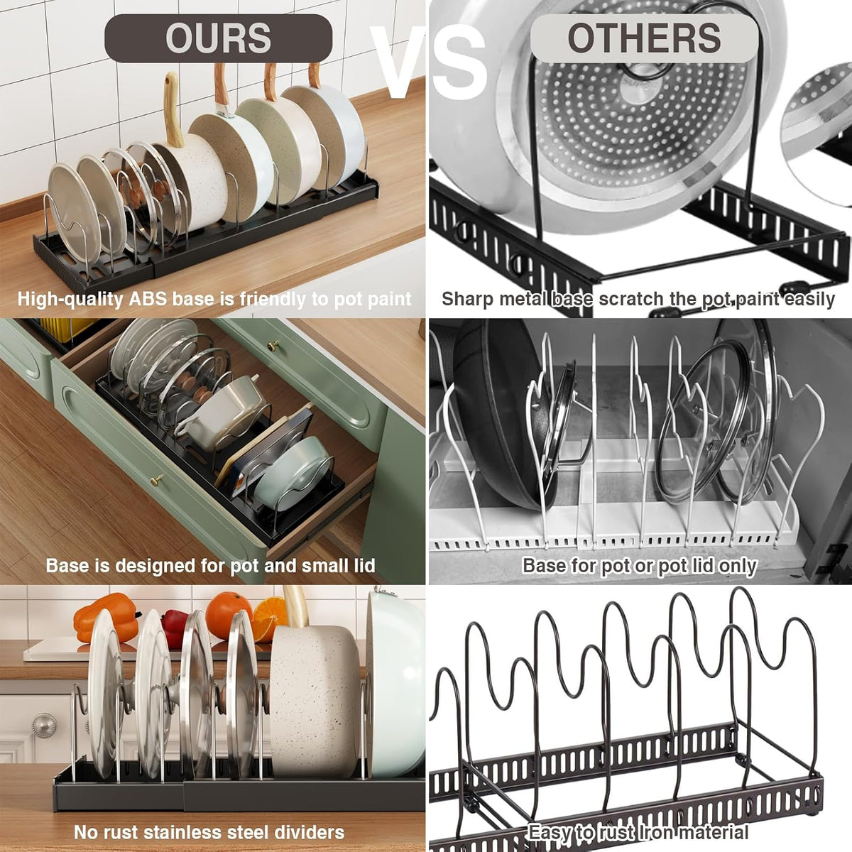 Expandable Food Storage Container Lid Organizers, 22" Pots and Pans Organizer Under Cabinet with 9 Adjustable Dividers Pot and Pan Lid Holders Rack Inside Cabinet(White)