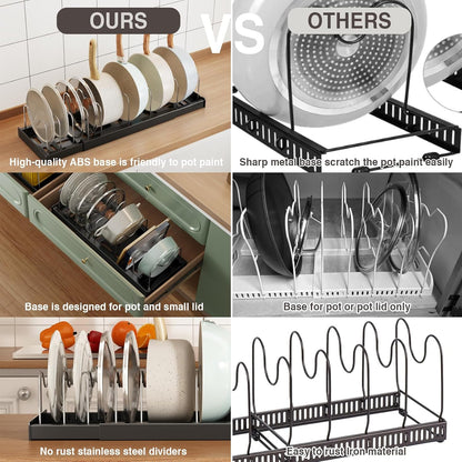 Expandable Food Storage Container Lid Organizers, 22" Pots and Pans Organizer Under Cabinet with 9 Adjustable Dividers Pot and Pan Lid Holders Rack Inside Cabinet(White)
