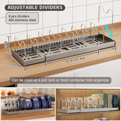 Expandable Food Storage Container Lid Organizers, 22" Pots and Pans Organizer Under Cabinet with 9 Adjustable Dividers Pot and Pan Lid Holders Rack Inside Cabinet(White)