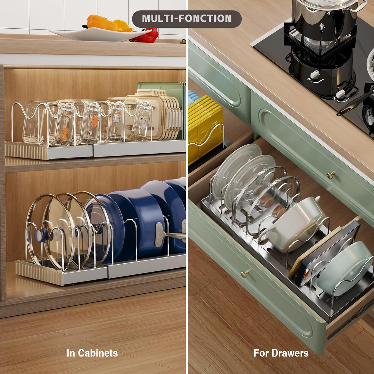 Expandable Food Storage Container Lid Organizers, 22" Pots and Pans Organizer Under Cabinet with 9 Adjustable Dividers Pot and Pan Lid Holders Rack Inside Cabinet(White)