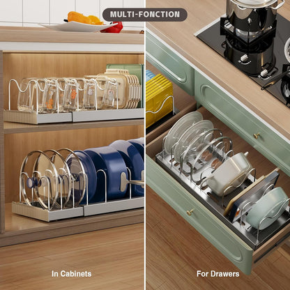 Expandable Food Storage Container Lid Organizers, 22" Pots and Pans Organizer Under Cabinet with 9 Adjustable Dividers Pot and Pan Lid Holders Rack Inside Cabinet(White)