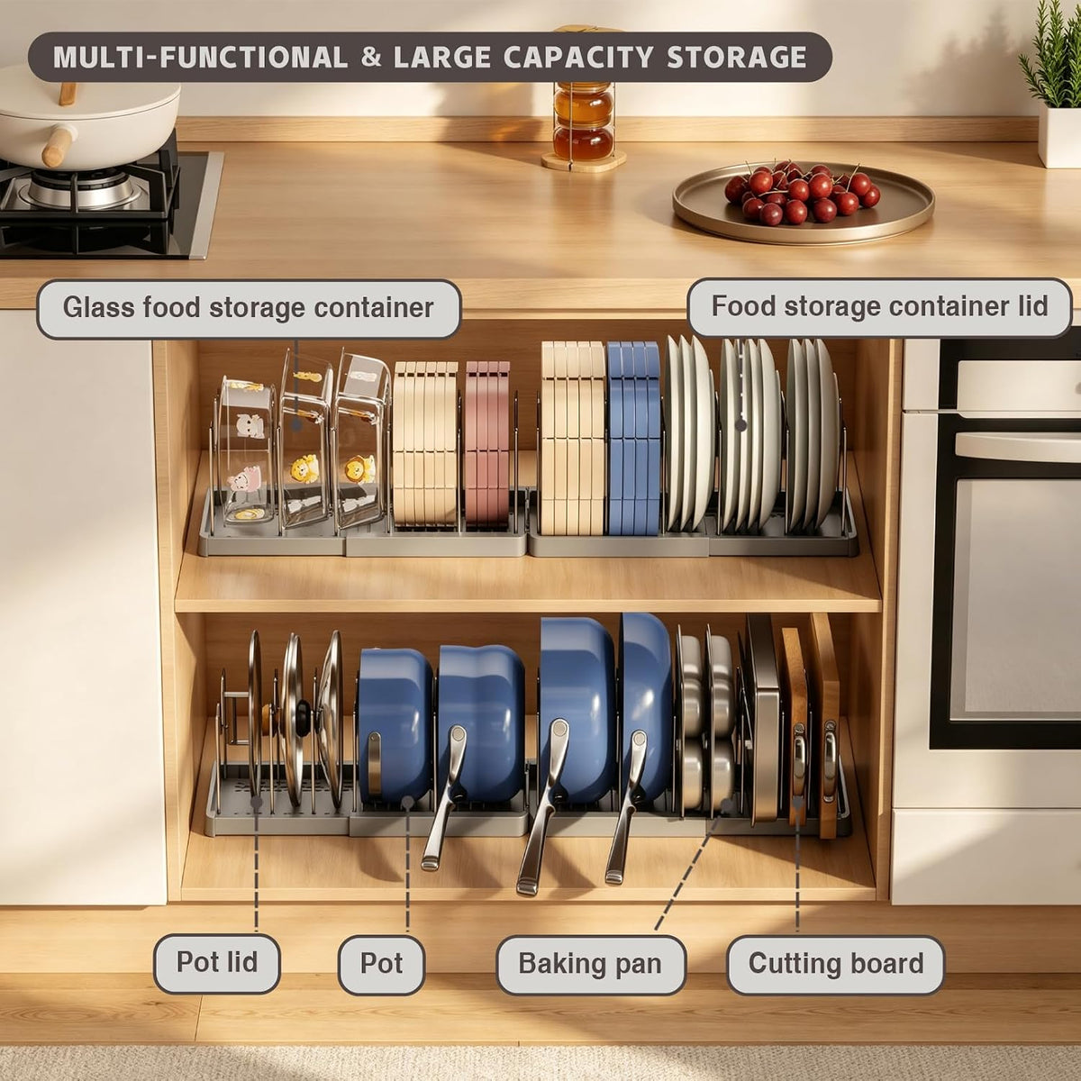 Expandable Food Storage Container Lid Organizers, 22" Pots and Pans Organizer Under Cabinet with 9 Adjustable Dividers Pot and Pan Lid Holders Rack Inside Cabinet(White)