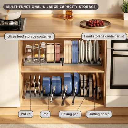 Expandable Food Storage Container Lid Organizers, 22" Pots and Pans Organizer Under Cabinet with 9 Adjustable Dividers Pot and Pan Lid Holders Rack Inside Cabinet(White)