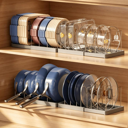 Expandable Food Storage Container Lid Organizers, 22" Pots and Pans Organizer Under Cabinet with 9 Adjustable Dividers Pot and Pan Lid Holders Rack Inside Cabinet(White)