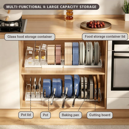 Expandable Food Storage Container Lid Organizers, 22" Pots and Pans Organizer Under Cabinet with 9 Adjustable Dividers Pot and Pan Lid Holders Rack Inside Cabinet(White)