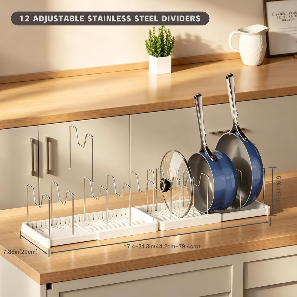Expandable Food Storage Container Lid Organizers, 22" Pots and Pans Organizer Under Cabinet with 9 Adjustable Dividers Pot and Pan Lid Holders Rack Inside Cabinet(White)