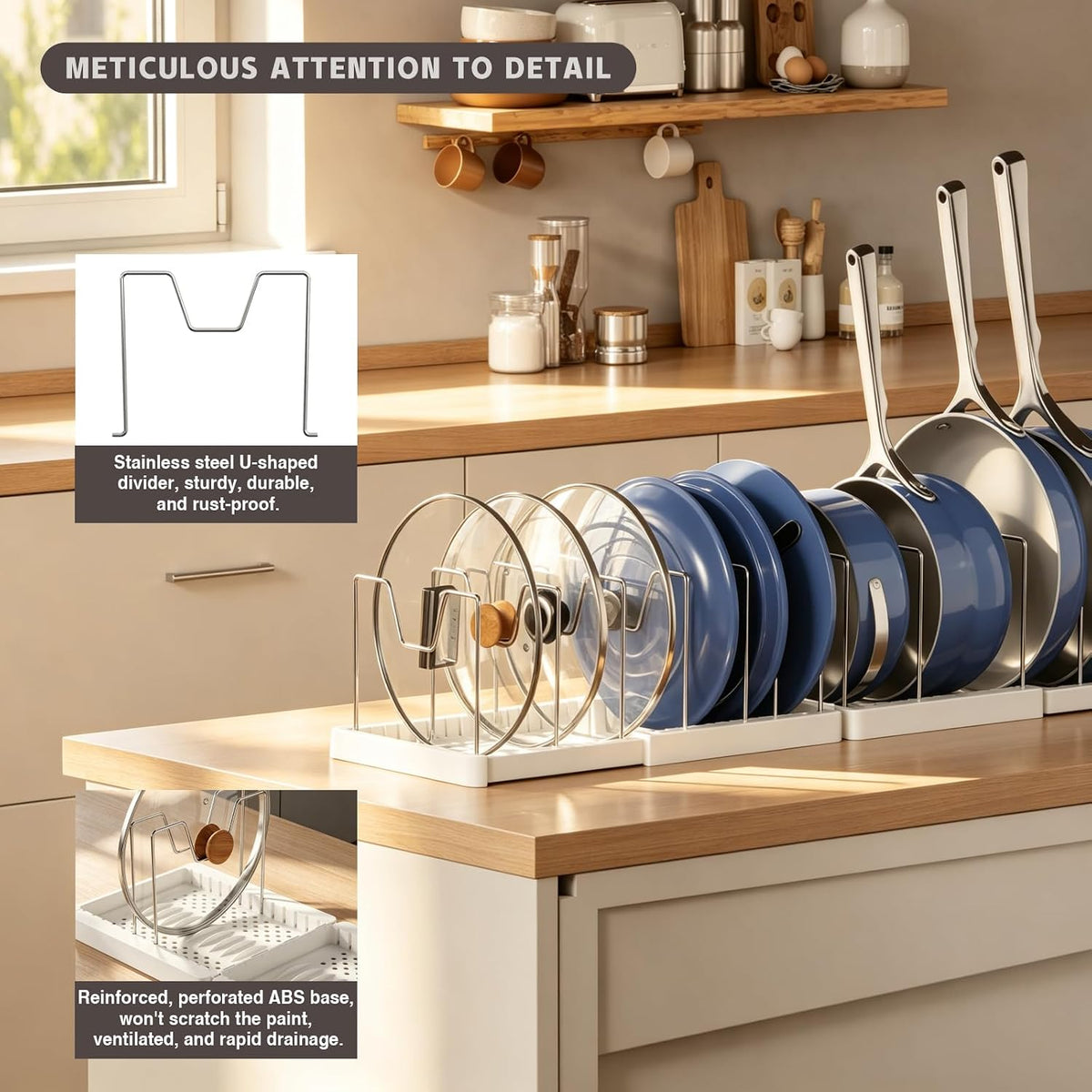 Expandable Food Storage Container Lid Organizers, 22" Pots and Pans Organizer Under Cabinet with 9 Adjustable Dividers Pot and Pan Lid Holders Rack Inside Cabinet(White)