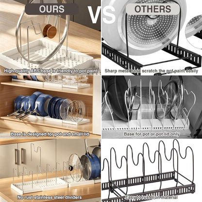Expandable Food Storage Container Lid Organizers, 22" Pots and Pans Organizer Under Cabinet with 9 Adjustable Dividers Pot and Pan Lid Holders Rack Inside Cabinet(White)
