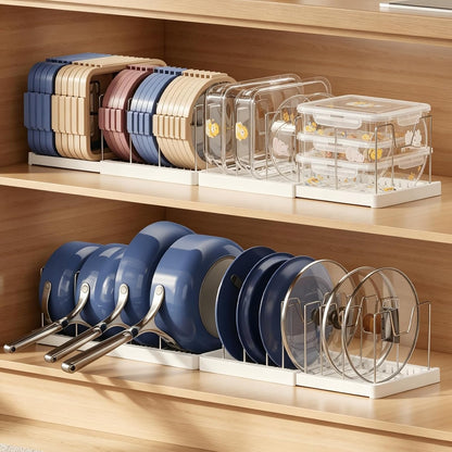 Expandable Food Storage Container Lid Organizers, 22" Pots and Pans Organizer Under Cabinet with 9 Adjustable Dividers Pot and Pan Lid Holders Rack Inside Cabinet(White)