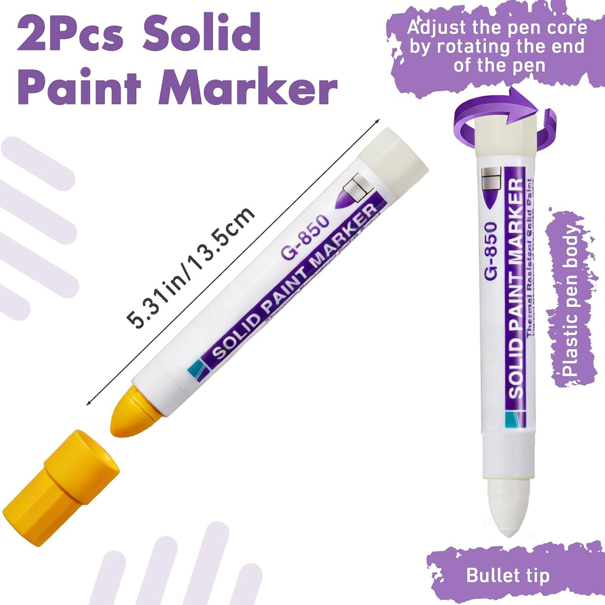 2 Pcs Solid Paint Markers Waterproof Fade Resistant Permanent Marker Pens for Metal Tire Glass Wood Home and Industrial Long Lasting Pens Suitable for Wet Oil Concrete Surfaces