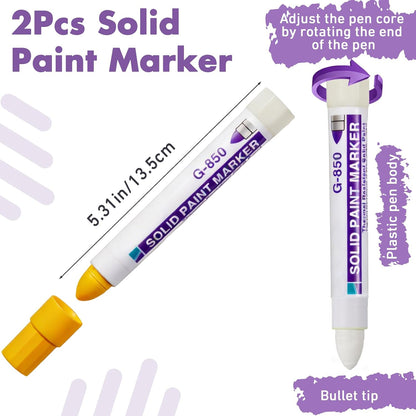 2 Pcs Solid Paint Markers Waterproof Fade Resistant Permanent Marker Pens for Metal Tire Glass Wood Home and Industrial Long Lasting Pens Suitable for Wet Oil Concrete Surfaces