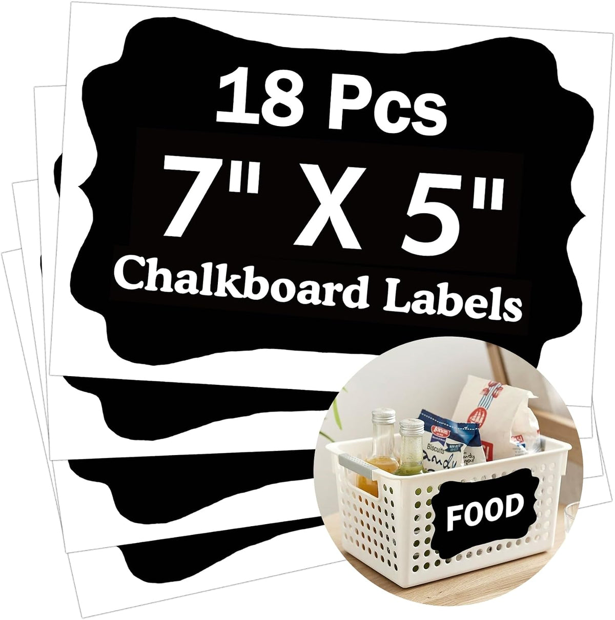 18 Extra Large Reusable Chalkboard Labels, 5 x 7 Inch Vinyl | 18 cuttable black vinyl chalkboard labels for storage bins, pantry containers, classroom supplies, garage totes, and signs