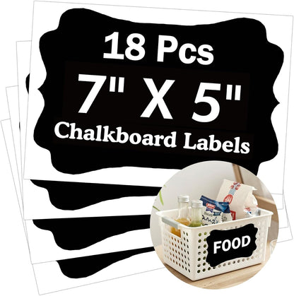 18 Extra Large Reusable Chalkboard Labels, 5 x 7 Inch Vinyl | 18 cuttable black vinyl chalkboard labels for storage bins, pantry containers, classroom supplies, garage totes, and signs