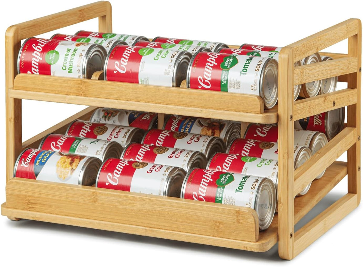 2 Tier Bamboo Rolling Can Rack Organizer for Pantry Up To 27 Cans | Stackable Canned Food Organizer Rack for Storage, Kitchen Cabinet, Can Holders Dispensers for Pantry