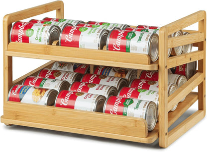 2 Tier Bamboo Rolling Can Rack Organizer for Pantry Up To 27 Cans | Stackable Canned Food Organizer Rack for Storage, Kitchen Cabinet, Can Holders Dispensers for Pantry