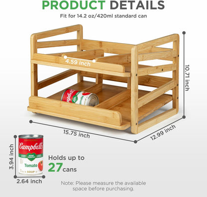 2 Tier Bamboo Rolling Can Rack Organizer for Pantry Up To 27 Cans | Stackable Canned Food Organizer Rack for Storage, Kitchen Cabinet, Can Holders Dispensers for Pantry