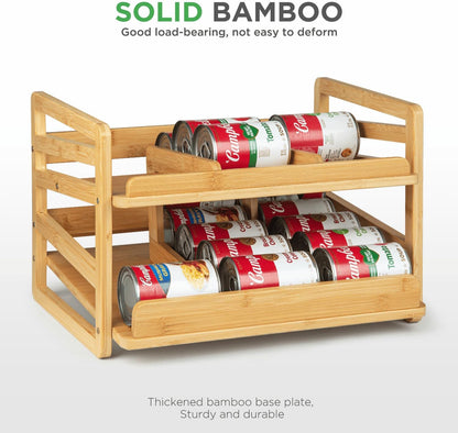2 Tier Bamboo Rolling Can Rack Organizer for Pantry Up To 27 Cans | Stackable Canned Food Organizer Rack for Storage, Kitchen Cabinet, Can Holders Dispensers for Pantry