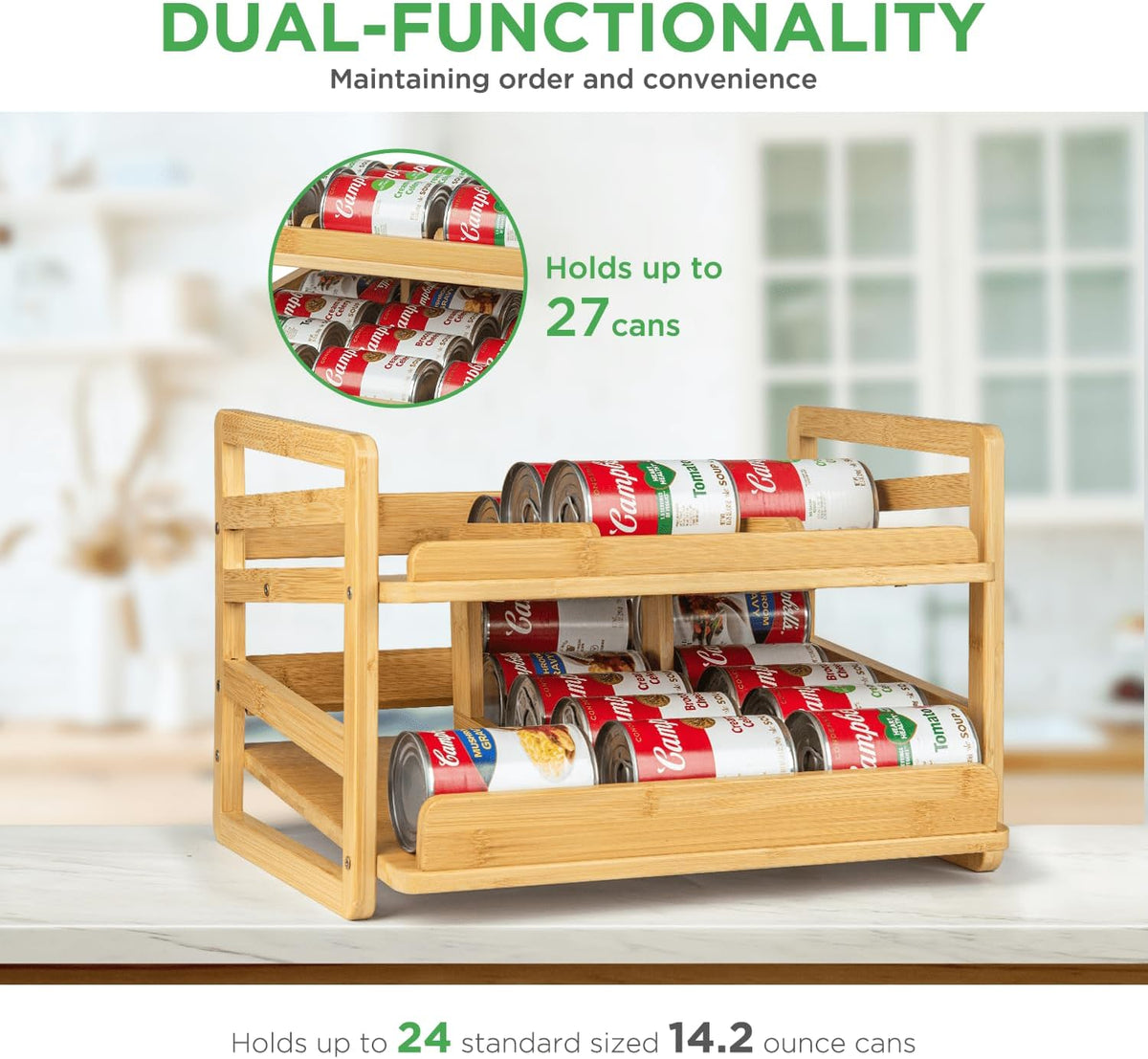 2 Tier Bamboo Rolling Can Rack Organizer for Pantry Up To 27 Cans | Stackable Canned Food Organizer Rack for Storage, Kitchen Cabinet, Can Holders Dispensers for Pantry