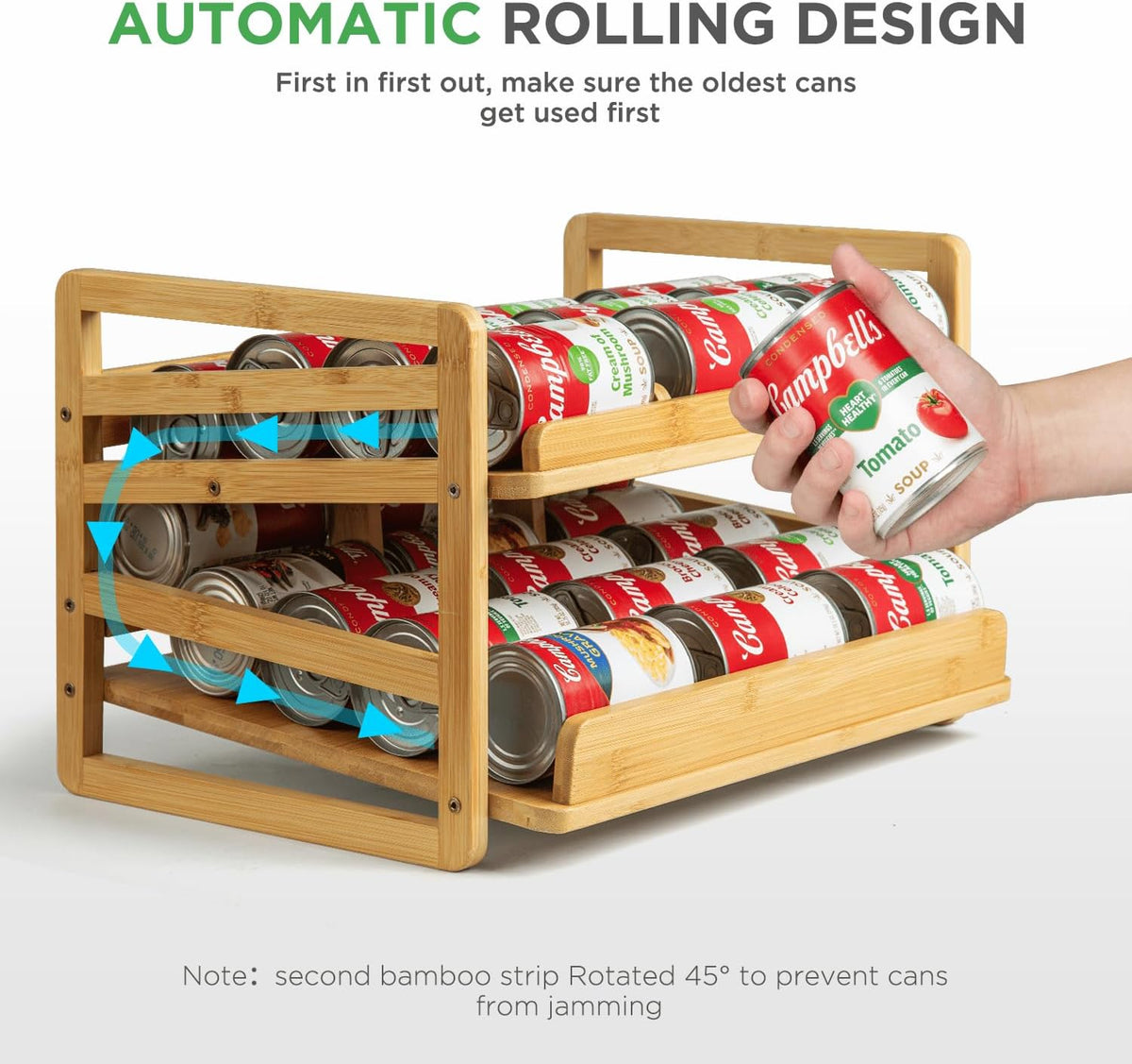 2 Tier Bamboo Rolling Can Rack Organizer for Pantry Up To 27 Cans | Stackable Canned Food Organizer Rack for Storage, Kitchen Cabinet, Can Holders Dispensers for Pantry