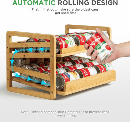 2 Tier Bamboo Rolling Can Rack Organizer for Pantry Up To 27 Cans | Stackable Canned Food Organizer Rack for Storage, Kitchen Cabinet, Can Holders Dispensers for Pantry
