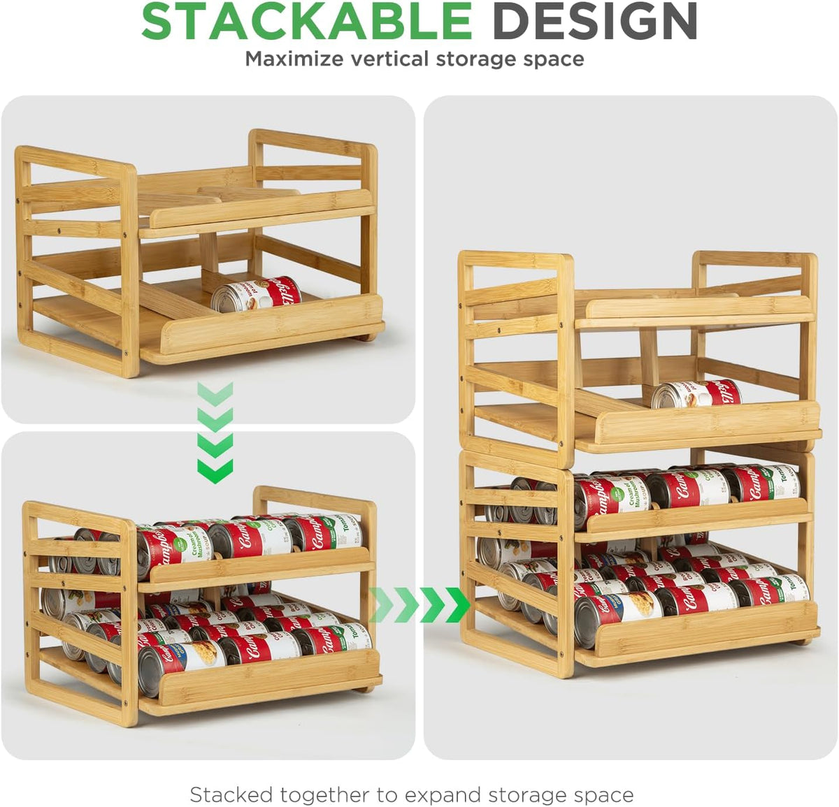2 Tier Bamboo Rolling Can Rack Organizer for Pantry Up To 27 Cans | Stackable Canned Food Organizer Rack for Storage, Kitchen Cabinet, Can Holders Dispensers for Pantry