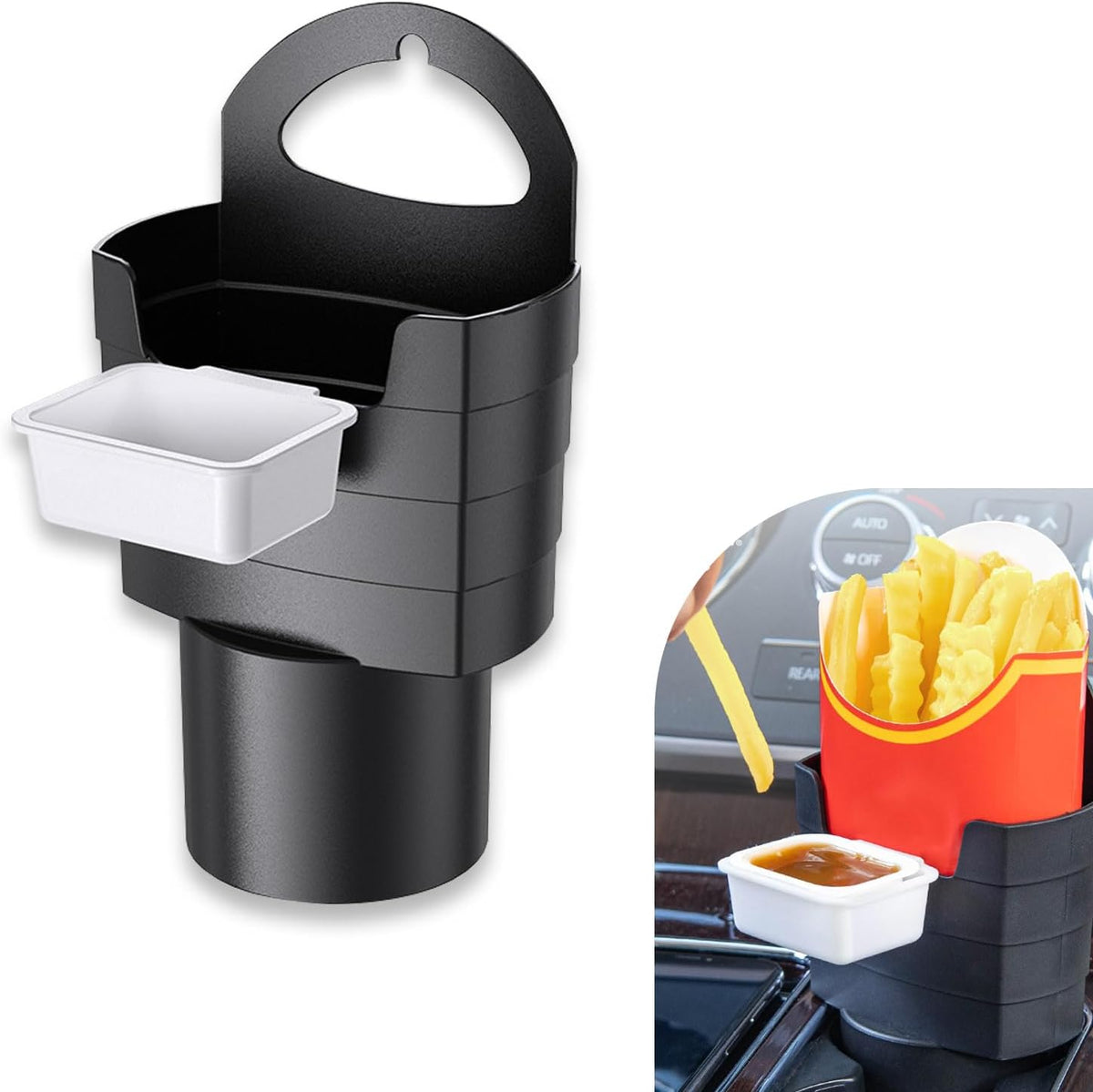 1 PC French Fry Holder, Plastic Storage Box, Waterproof Sauce Container, Center Console Organizer, Multifunctional Auto Interior Decoration, Universal for Most Cars, Trucks (Black)