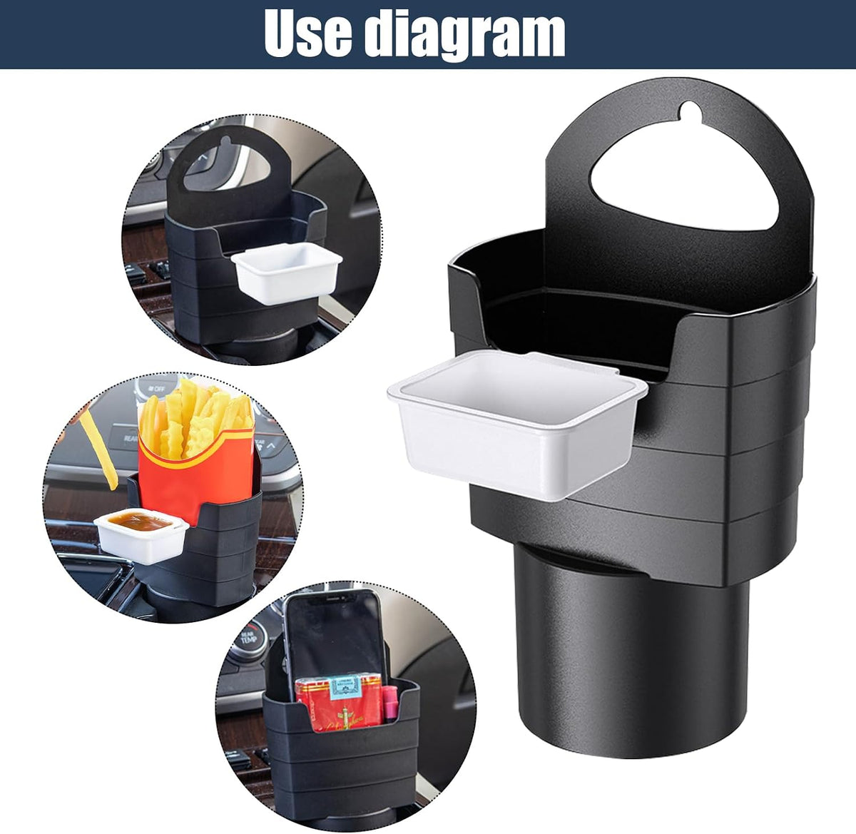 1 PC French Fry Holder, Plastic Storage Box, Waterproof Sauce Container, Center Console Organizer, Multifunctional Auto Interior Decoration, Universal for Most Cars, Trucks (Black)