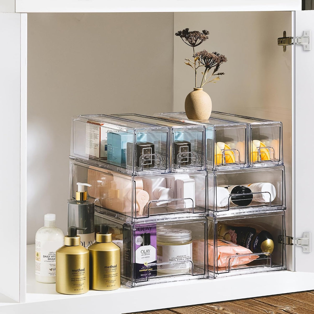 Clear Stackable Storage Drawers with Pull-Out Bins (Large) | Easy-access plastic organization for pantries, offices, bathrooms and closets; supports sorting and visibility.