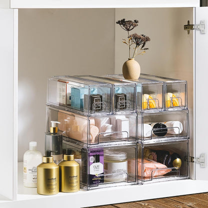 Clear Stackable Storage Drawers with Pull-Out Bins (Large) | Easy-access plastic organization for pantries, offices, bathrooms and closets; supports sorting and visibility.