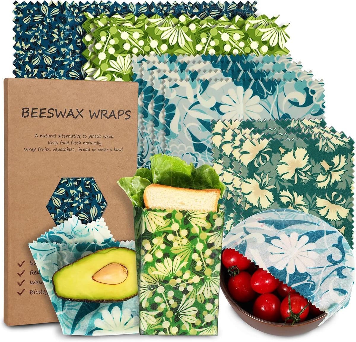 Reusable Beeswax Wrap, Eco-Friendly Beeswax Wraps For Food, Organic, Sustainable, Biodegradable, Zero Waste, Plastic-Free Food Storage (Flowers and Leaves)