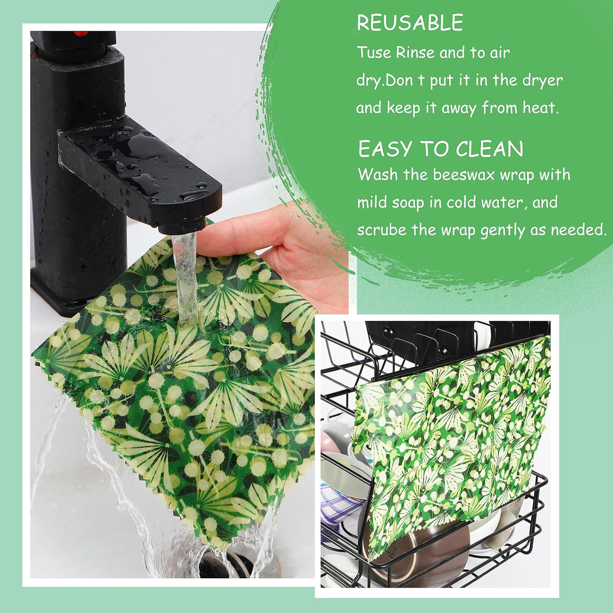 Reusable Beeswax Wrap, Eco-Friendly Beeswax Wraps For Food, Organic, Sustainable, Biodegradable, Zero Waste, Plastic-Free Food Storage (Flowers and Leaves)